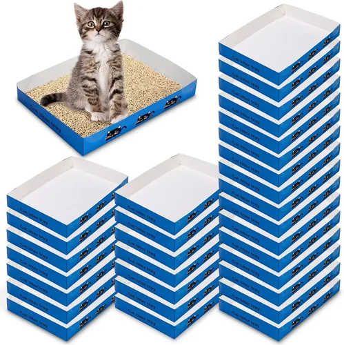 Miniatura 7 de Paquete de 30 cajas de arena desechables para gatos, bandeja de papel plegable para gatitos de 13.8 x 10 x 2 pulgadas, caja de cartón pequeña y Azul