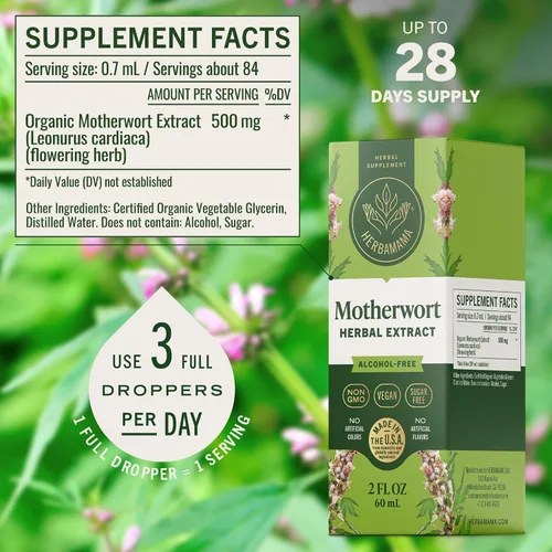 Miniatura 3 de HERBAMAMA Extracto líquido de Motherwort de 2 onzas líquidas, vegano, suplemento de hierbas orgánicas para apoyar la salud del corazón, la función