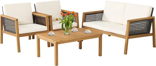 COSTWAY Juego de muebles de mimbre para patio, sofá de mimbre para exteriores con marco de madera de acacia, mesa auxiliar y cojines, juegos de