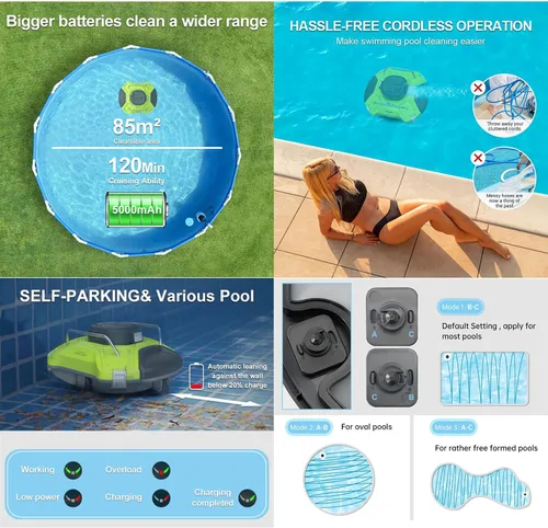 Miniatura 5 de Limpiador robótico inalámbrico para piscinas, 5000 mAh 25 °, aspiradora de piscina para escalar, mapeo inteligente, robot aspirador de piscina dura