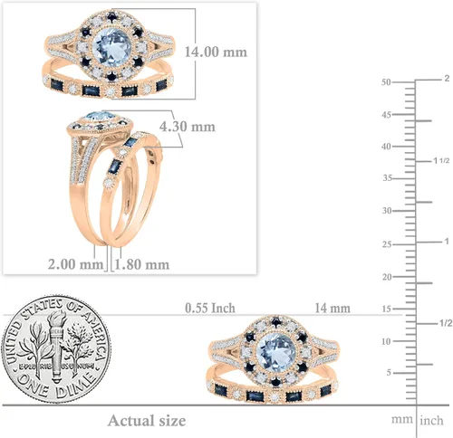 Miniatura 4 de Dazzlingrock Collection 6mm Centre Round Gemstone with Round White Diamond & Baguette Alternating Blue Sapphire Halo Miligrain Wedding Ring Set for