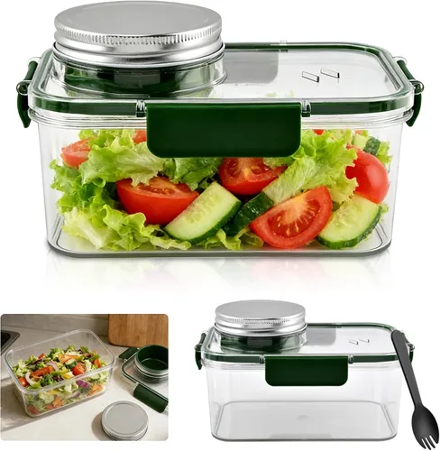 Miniatura 6 de Tarro de ensalada portátil con taza de salsa y tenedor, recipiente grande para ensalada, tarro de Sala-d Pod Mason a prueba de fugas, adecuado