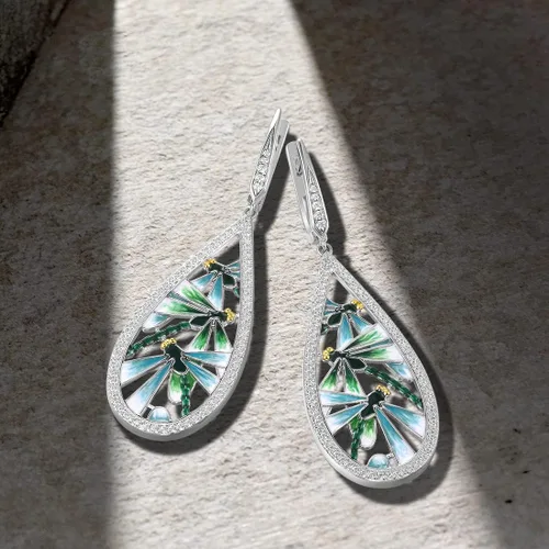 Miniatura 3 de Santuzza Aretes de plata de ley 925 con circonita cúbica esmaltada y libélula para mujer, Plata de ley Circonita cúbica, Circonia cúbica