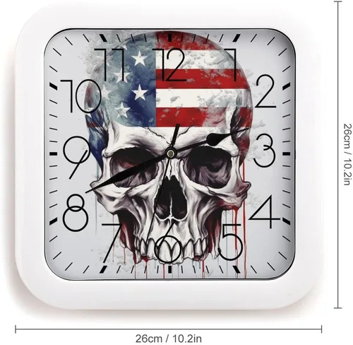 Miniatura 2 de 10" Square Modern Wall Clock,American Flag Skull Print Kitchen Clocks Wall Battery Operated,Silent Non Ticking Unique Funny Cute Wall Clock for