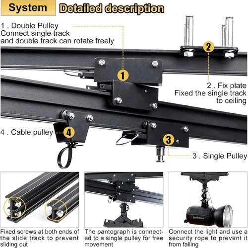 Miniatura 3 de Kit completo de sistema de riel de techo Pantograph Studio de 59 x 59 pulgadas con lámpara de techo para fotografía de 16.9-78.7 in, soporte