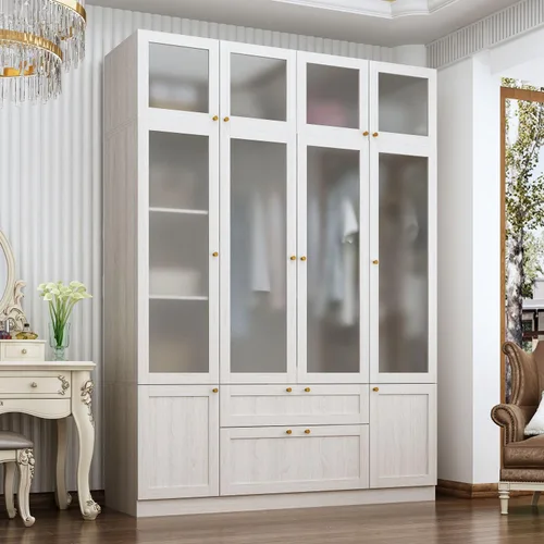 Miniatura 8 de MOUMON Armario grande con 4 puertas acrílicas y 2 cajones, armario con barra para colgar, para dormitorio, grano de madera
