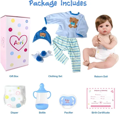 Miniatura 5 de Aori Reborn Baby Boy - Muñeca realista de 22 pulgadas con peso y cuerpo ultra suave, chupete y traje, muñeca de vinilo suave hecha a mano para niños