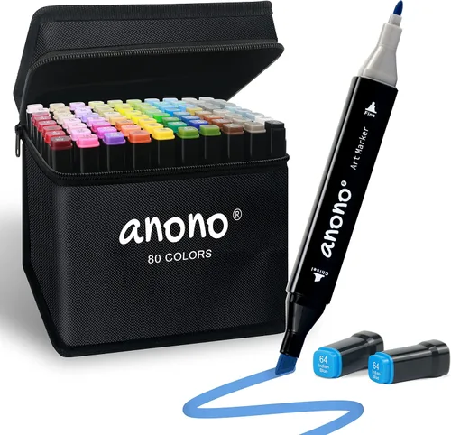 anono Juego de marcadores de alcohol de 80 colores, marcadores para colorear con puntas de cincel y finas, incluye estuche de transporte, adecuado