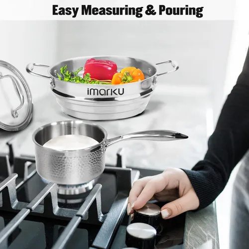 Miniatura 7 de imarku Juego de ollas y sartenes, 14 piezas de utensilios de cocina de acero inoxidable revestido de tres capas con mango y tapas colgadas, se