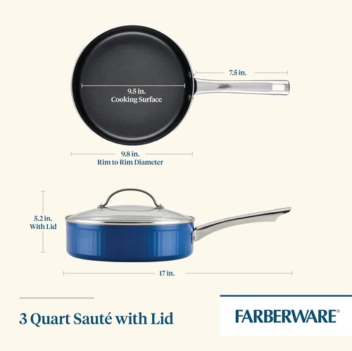 Miniatura 2 de Farberware Style - Sartén antiadherente con tapa, apta para lavavajillas, 3 cuartos de galón, color azul