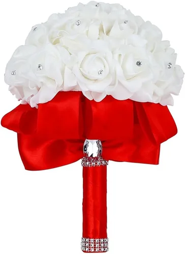 Miniatura 8 de Ramo de Boda Borgoña para Novia Dama de Honor Ramo de Lanzar Cristales Rosa de Seda Ramo Nupcial para Fiesta de Boda (Borgoña Blanco)