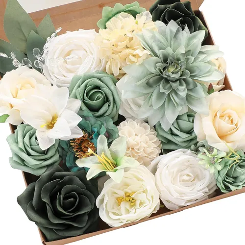 Miniatura 11 de Floroom - Flores artificiales de aspecto real en color lila, lavanda, púrpura y crema, rosas falsas, dalias y vegetación en conjunto de caja