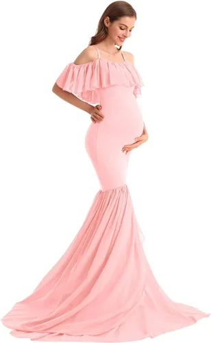 Miniatura 35 de MYRISAM Vestido de maternidad con volantes y hombros descubiertos para mujer, vestido de fiesta de sirena de gasa, vestido ajustado