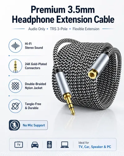 Miniatura 4 de Cable de extensión de auriculares de 10 pies, cable de extensión auxiliar de 0.138 pulgadas macho a hembra, extensor de audio estéreo TRS de 1/8