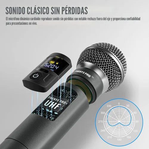 Miniatura 4 de Phenyx Pro Sistema de micrófono inalámbrico, juego de micrófono inalámbrico de metal con funda, micrófonos dinámicos inalámbricos de mano