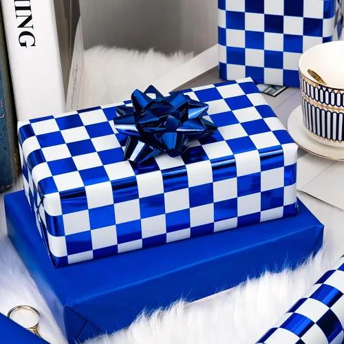 Miniatura 3 de MAYPLUSS Rollo de Papel de Regalo, Papel de Regalo con Bandera a Cuadros Azul y Blanco, Papel de Regalo Reversible para Patinadores y Carreras
