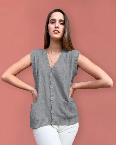Miniatura 2 de TINKUY Chaleco peruano de lana de alpaca con cuello en V y rombos para mujer, S-4XL