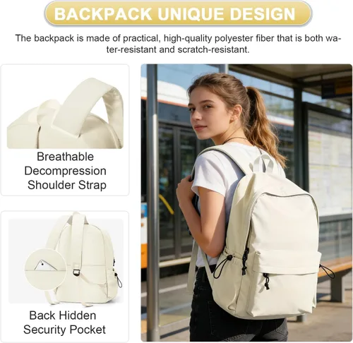 Miniatura 6 de Mochila ligera, mochila universitaria impermeable para lindas mochilas estéticas, mochila casual para hombres y mujeres (beige)