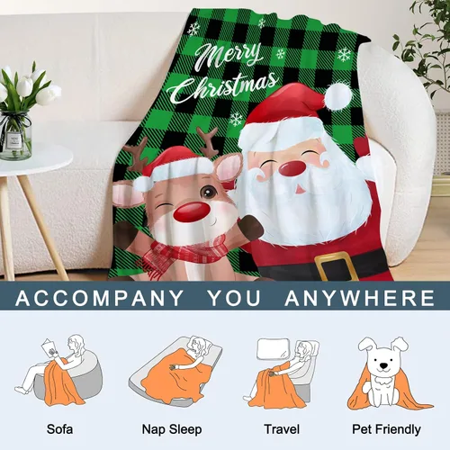 Miniatura 6 de Manta de Navidad a cuadros verdes, manta de Navidad con reno de Papá Noel, manta de invierno para vacaciones, sofá, cama, decorativa, suave, ligera