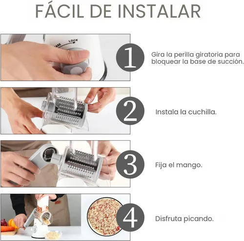 Miniatura 5 de Ourokhome rallador giratorio de queso, triturador con 3 cuchillas de tambor, rebanador rápido y manual para frutos secos, con base con gran succión