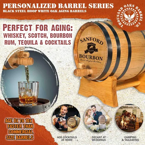 Miniatura 2 de Barril de roble envejecido personalizado de 5 galones (20 litros) con soporte, bung y espita – Barril de madera de bourbon para la cerveza casera
