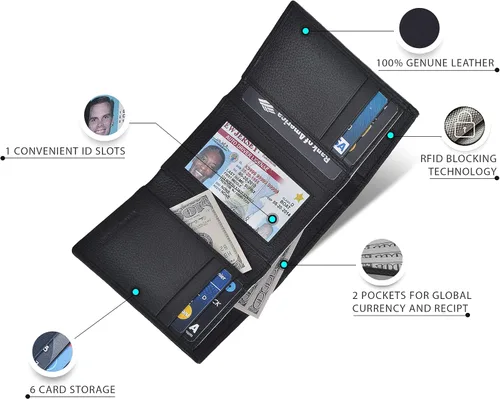 Miniatura 4 de Carteras RFID delgadas para hombre, billetera triple con bolsillo frontal de cuero genuino, Cartera RFID
