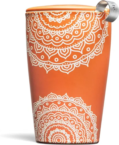 Tea Forte Taza Kati de cerámica de doble pared, cesta infusora extraíble de acero inoxidable y tapa, Steeps 12 onzas de té de hojas sueltas, apto