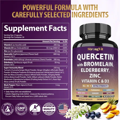 Miniatura 7 de StrongVit Quercetina con bromelina, saúco, vitamina C, D3 y zinc. Suplemento de apoyo súper inmunológico. Complejo orgánico para hombres y mujeres