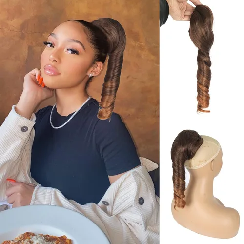 Oseti Extensiones de cabello corto y rizado en espiral, cola de caballo con cordón para mujeres negras, 14 pulgadas, ombré, marrón y rubio, #T4/30