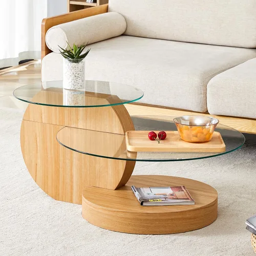 Miniatura 15 de Mesa de café de 35" de vidrio ｜ Mesa de café redonda ｜ Diseño de 3 niveles con superficie de vidrio templado ｜ Base de madera en color negro