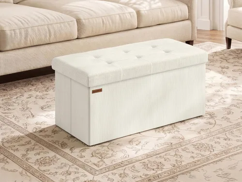 SONGMICS Mazie Collection - Banco otomano de almacenamiento, reposapiés plegable, 15 x 30 x 15 pulgadas, banco de extremo de cama, baúl de Blanco