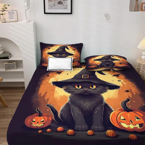 Miniatura 2 de Sábanas de Halloween tamaño individual, sábanas de calabaza de gato negro, juego de sábanas y fundas de almohada de 3 piezas, sábana bajera