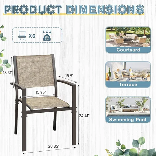 Miniatura 7 de Rankok Juego de 6 sillas de comedor apilables para exteriores con reposabrazos de 290 libras, sillas de comedor de textileno para patio trasero