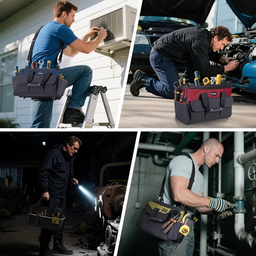Miniatura 8 de TICONN Bolsa de herramientas de boca ancha con múltiples bolsillos con correas reflectantes de seguridad, correa de hombro ajustable y mango Amarillo