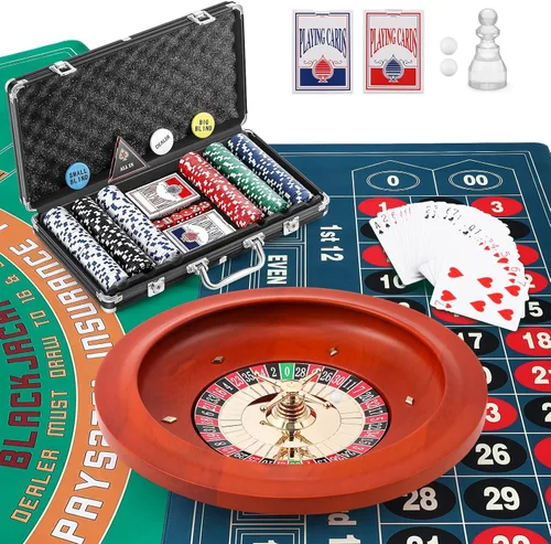 Juego de ruedas de ruleta de 11 pulgadas y juego de blackjack con 300 fichas de póquer + mesa de ruleta de doble cara de 47.2 x 23.6 pulgadas + 2