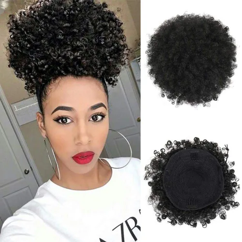 Miniatura 8 de LEOSA YiTi - Cola de caballo afro alta con cordón corto afro rizado con clip en moño de pelo rizado sintético hecho de fibra con clips (negro)