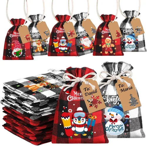 XIMISHOP 36 piezas de bolsas de regalo de Navidad con cordón de diseño de búfalo a cuadros - Bolsas de yute y lino con etiquetas para suministros de