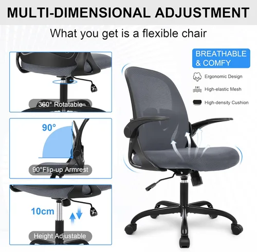 Miniatura 6 de Primy Silla de Oficina Ergonómica Silla de Escritorio con Soporte Lumbar y Altura Ajustables, Silla de Escritorio de Malla Transpirable Giratoria