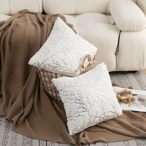 Miniatura 2 de LIGICKY Juego de 2 fundas de almohada de piel sintética blanca esponjosa con ramas plateadas con purpurina, decorativas, suaves, peludas, cuadradas