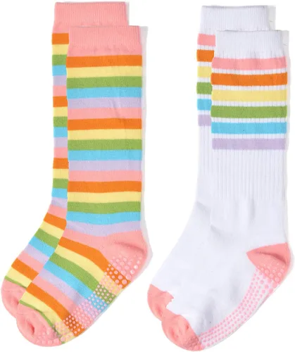 Miniatura 2 de EPEIUS Calcetines altos hasta la rodilla con rayas de arco iris para bebé, calcetines de tubo antideslizantes para uniforme de fútbol para niños
