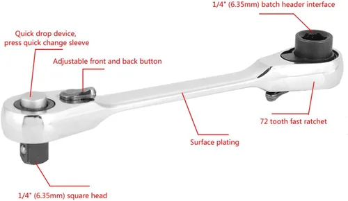 Miniatura 3 de Llave de trinquete plateada rechoncha – Mini llave de trinquete de doble cabeza de 1/4 pulgadas y destornillador de punta de destornillador de 72