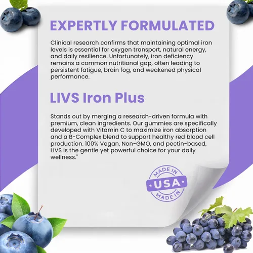 Miniatura 9 de LIVS Gomitas Iron Plus – Suplemento de hierro suave de 20 mg para mujeres y hombres – Apoyo a la anemia – Vitamina C para absorción – Biotina