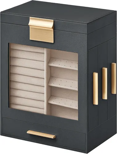 Miniatura 8 de SONGMICS Joyero con ventana de cristal, organizador de joyas de 5 capas con 3 cajones laterales, almacenamiento de joyas, con espejo grande