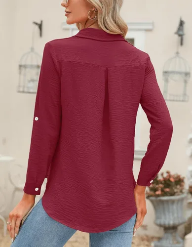 Miniatura 51 de Odosalii - Camisas con botones para mujer, con cuello en V, manga larga, enrolladas, blusas elegantes y formales para negocios y ocasiones casuales