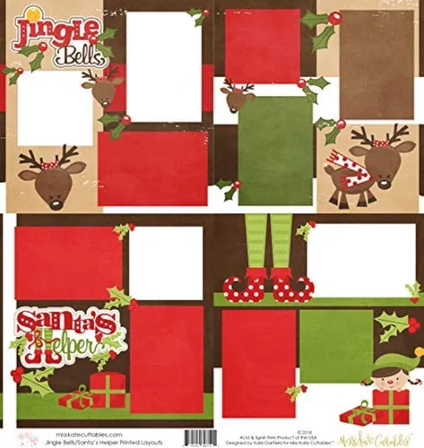 Dos diseños impresos, cascabeles y ayudante de Papá Noel (niña), 2-2 páginas de 12 x 12 pulgadas y 2 diseños duplicados de 6 x 6 pulgadas en