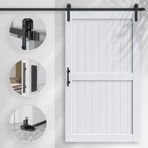 Miniatura 3 de EaseLife - Puerta de granero de 48 x 84 pulgadas en blanco con kit de herrajes deslizantes de 8 pies incluido y manija, madera maciza cubierta