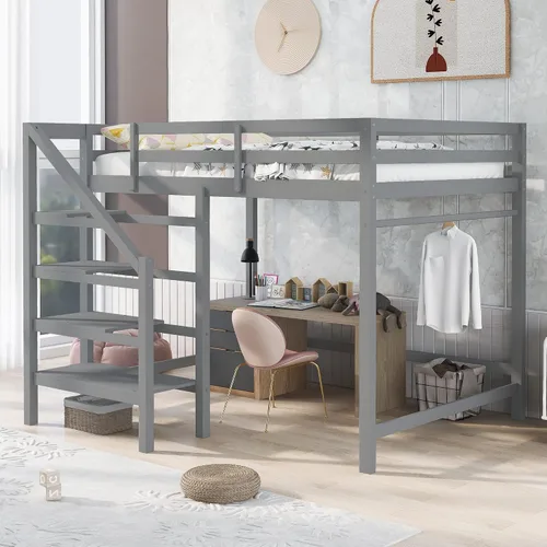 Miniatura 10 de Cama alta moderna con cajones de almacenamiento y escaleras, cama de madera tamaño individual con estantes y barandillas, para niños, niñas