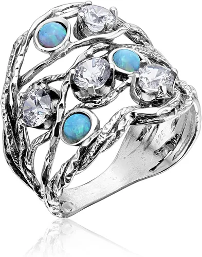Anillo de plata de ley 925 con 3 ópalo redondo azul y 4 circonitas cúbicas redondas blancas, aspecto vintage bohemio, hipoalergénico, sin níquel ni