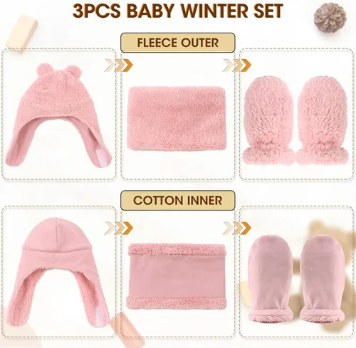 Miniatura 2 de Conjunto de gorro y manoplas de forro polar para bebé, gorro de invierno para niños pequeños, bufanda cálida con orejas de bebé, bufandas