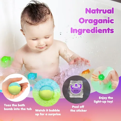 Miniatura 4 de Bombas de baño para niños con juguetes sorpresa en el interior, 8 bombas de baño iluminadas de 3.5 onzas con aceites esenciales, hidratante de spa